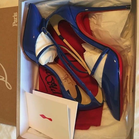 Christian Louboutin | Electric Blue Patent Leather Criss Cross Blake 100 Pumps - Picture 9 of 17